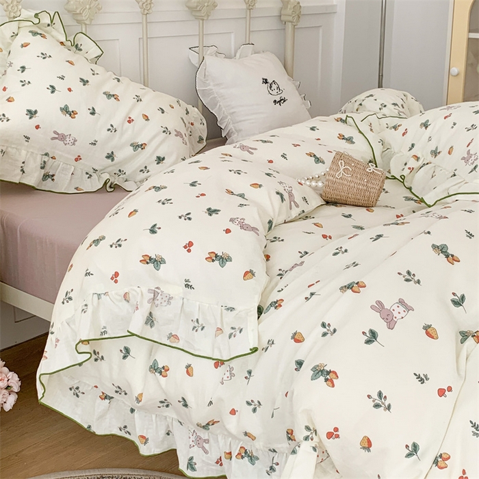 91家纺网 家纺一手货源 找家纺 昔可家纺 2023新款花边双层纱系列ok 草莓小兔白底