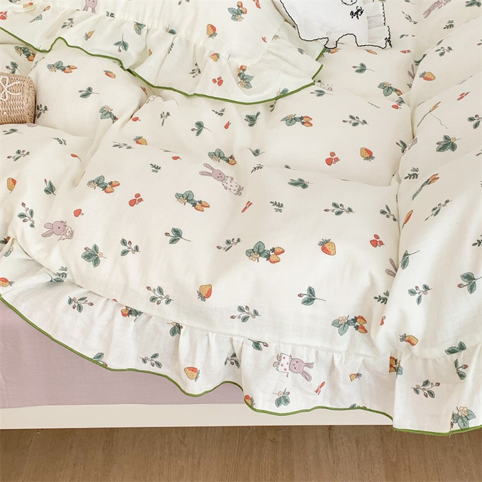 91家纺网 家纺一手货源 找家纺 昔可家纺 2023新款花边双层纱系列ok 草莓小兔白底