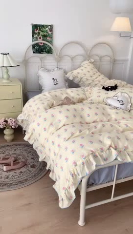 91家纺网 家纺一手货源 找家纺 昔可家纺 2023新款花边双层纱系列ok 圈圈郁金香黄