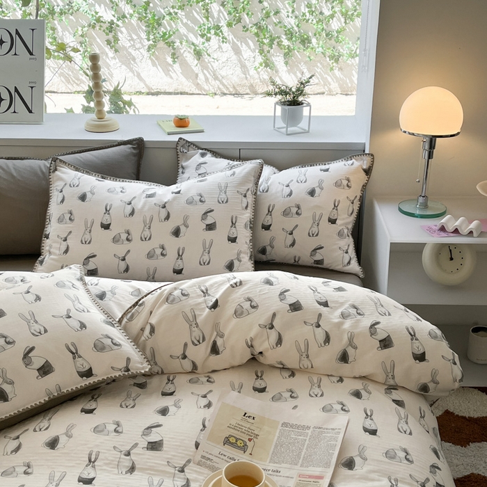 91家纺网 家纺一手货源 找家纺 ab家纺 2023新款双层纱印花四件套 哈尼兔