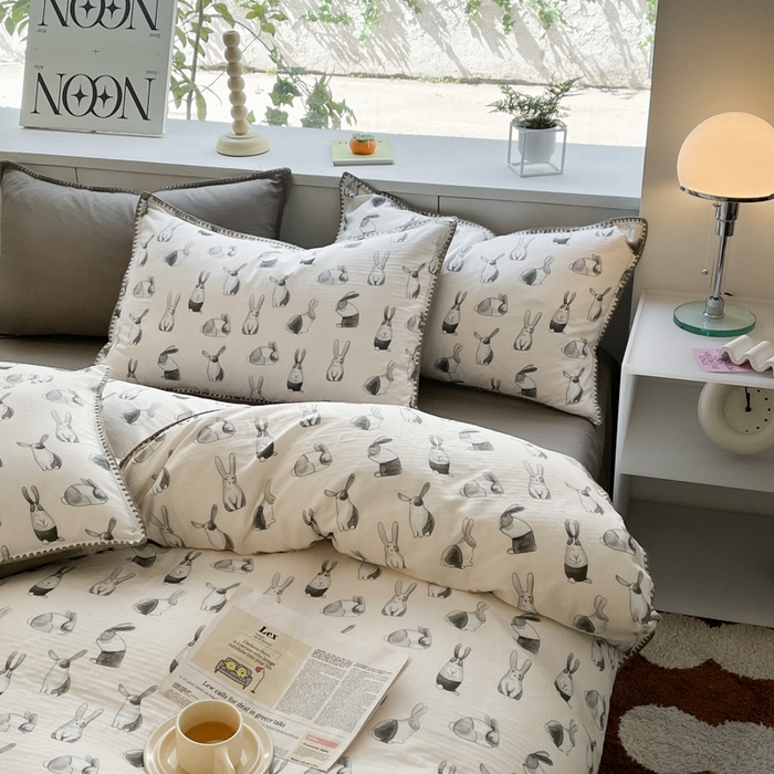 91家纺网 家纺一手货源 找家纺 ab家纺 2023新款双层纱印花四件套 哈尼兔