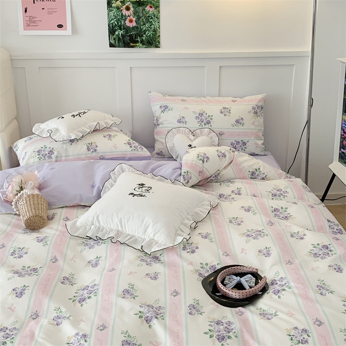 91家纺网 家纺一手货源 找家纺 昔可家纺 2023新款全棉四件套-甜美春日ok 落樱紫花