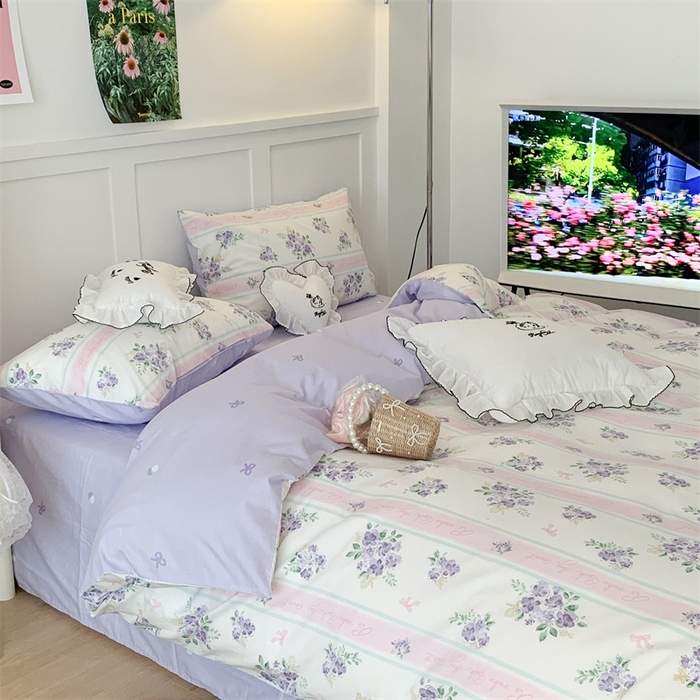 91家纺网 家纺一手货源 找家纺 昔可家纺 2023新款全棉四件套-甜美春日ok 落樱紫花