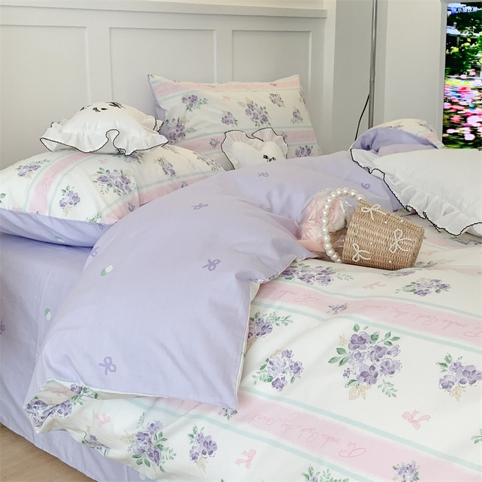 91家纺网 家纺一手货源 找家纺 昔可家纺 2023新款全棉四件套-甜美春日ok 落樱紫花