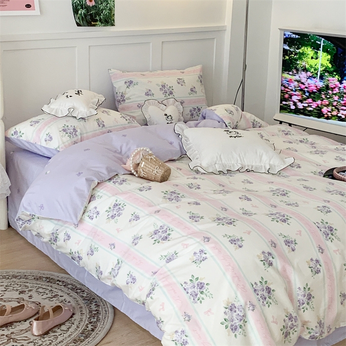 91家纺网 家纺一手货源 找家纺 昔可家纺 2023新款全棉四件套-甜美春日ok 落樱紫花