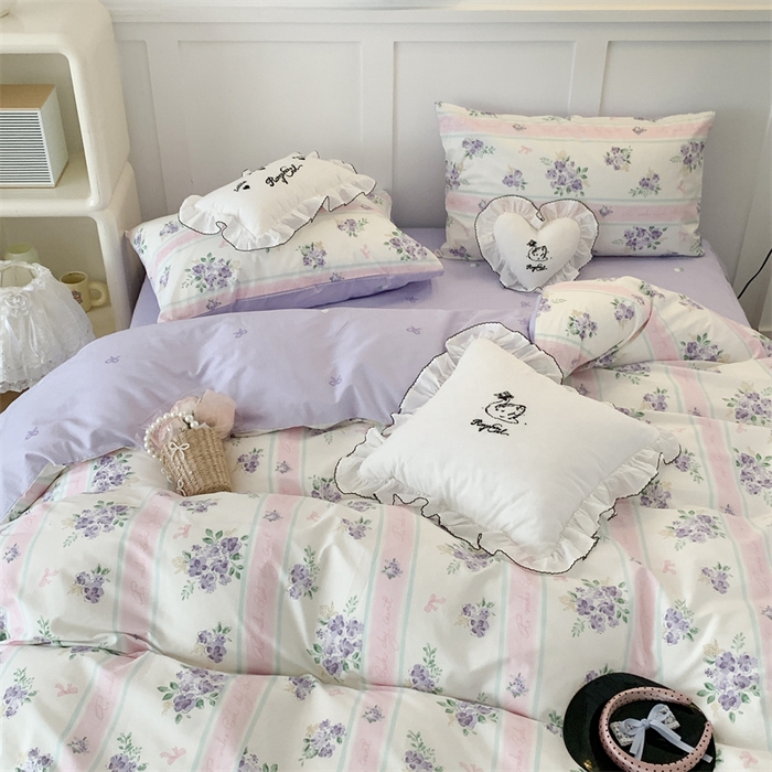 91家纺网 家纺一手货源 找家纺 昔可家纺 2023新款全棉四件套-甜美春日ok 落樱紫花