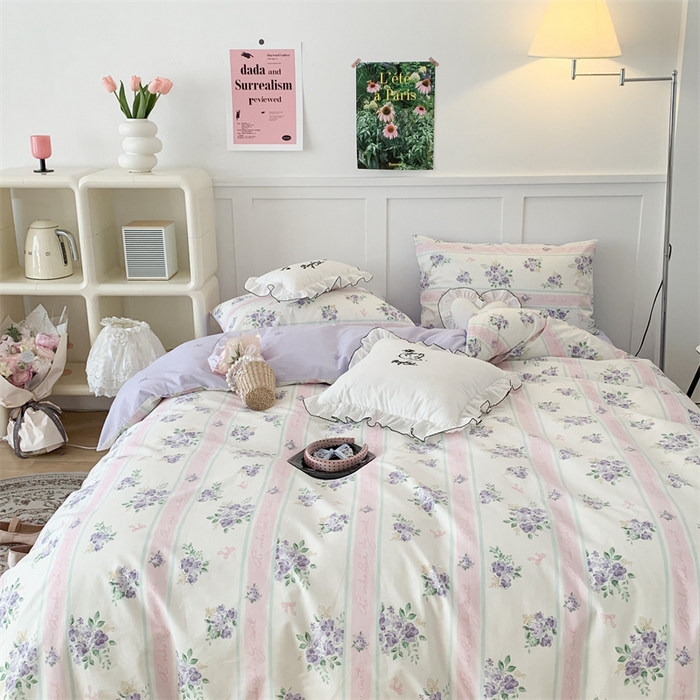 91家纺网 家纺一手货源 找家纺 昔可家纺 2023新款全棉四件套-甜美春日ok 落樱紫花