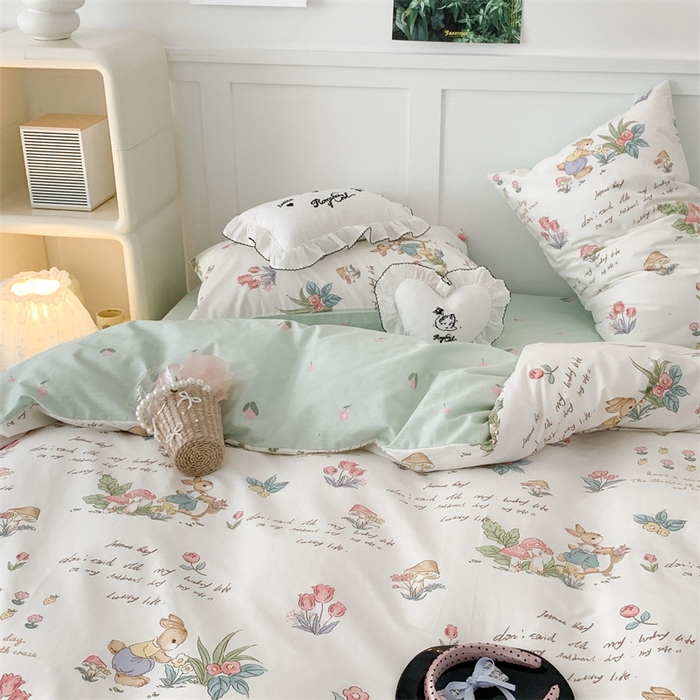 91家纺网 家纺一手货源 找家纺 昔可家纺 2023新款全棉四件套-甜美春日ok 春日采花小兔