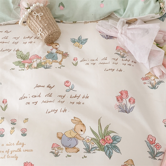 91家纺网 家纺一手货源 找家纺 昔可家纺 2023新款全棉四件套-甜美春日ok 春日采花小兔