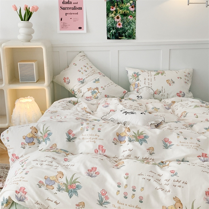 91家纺网 家纺一手货源 找家纺 昔可家纺 2023新款全棉四件套-甜美春日ok 春日采花小兔