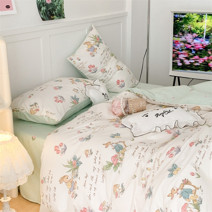 91家纺网 家纺一手货源 找家纺 昔可家纺 2023新款全棉四件套-甜美春日ok 春日采花小兔