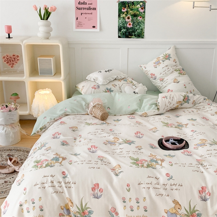 91家纺网 家纺一手货源 找家纺 昔可家纺 2023新款全棉四件套-甜美春日ok 春日采花小兔