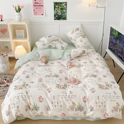 昔可家纺 2023新款全棉四件套-甜美春日ok 春日采花小兔