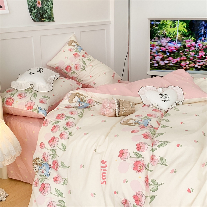 91家纺网 家纺一手货源 找家纺 昔可家纺 2023新款全棉四件套-甜美春日ok 芍药女孩