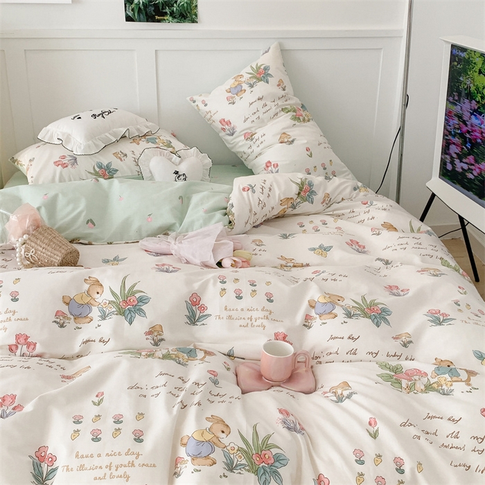 91家纺网 家纺一手货源 找家纺 昔可家纺 2023新款全棉四件套-甜美春日ok 春日采花小兔