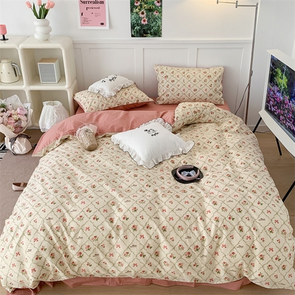 昔可家纺 2023新款全棉四件套-甜美春日ok 菱格蝴蝶结玫瑰