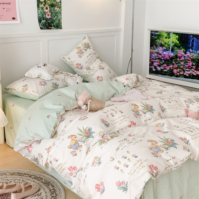 91家纺网 家纺一手货源 找家纺 昔可家纺 2023新款全棉四件套-甜美春日ok 春日采花小兔