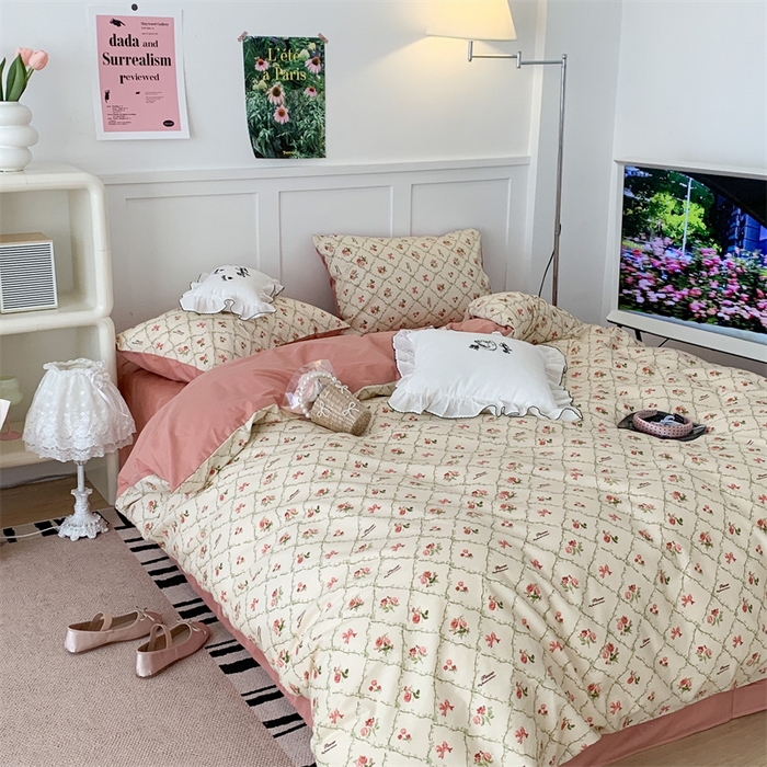 91家纺网 家纺一手货源 找家纺 昔可家纺 2023新款全棉四件套-甜美春日ok 菱格蝴蝶结玫瑰