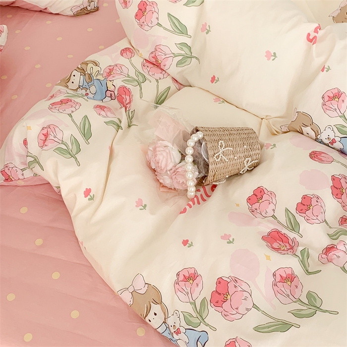 91家纺网 家纺一手货源 找家纺 昔可家纺 2023新款全棉四件套-甜美春日ok 芍药女孩