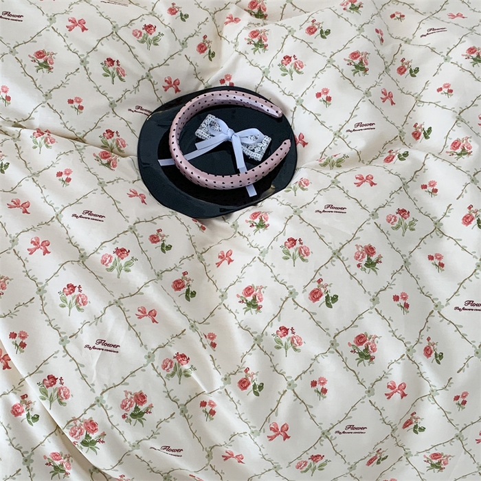 91家纺网 家纺一手货源 找家纺 昔可家纺 2023新款全棉四件套-甜美春日ok 菱格蝴蝶结玫瑰