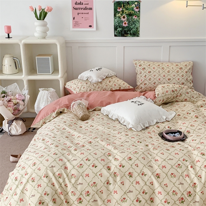 91家纺网 家纺一手货源 找家纺 昔可家纺 2023新款全棉四件套-甜美春日ok 菱格蝴蝶结玫瑰