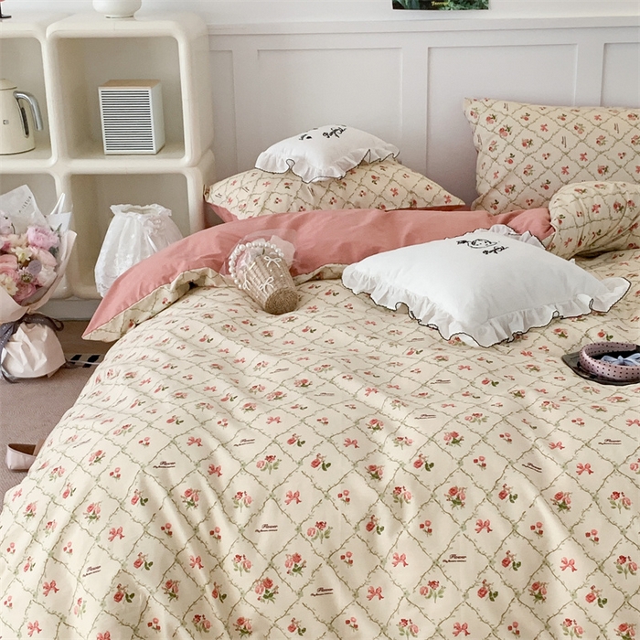 91家纺网 家纺一手货源 找家纺 昔可家纺 2023新款全棉四件套-甜美春日ok 菱格蝴蝶结玫瑰