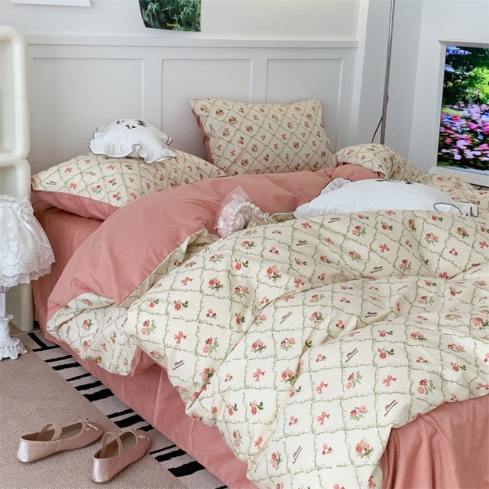 91家纺网 家纺一手货源 找家纺 昔可家纺 2023新款全棉四件套-甜美春日ok 菱格蝴蝶结玫瑰