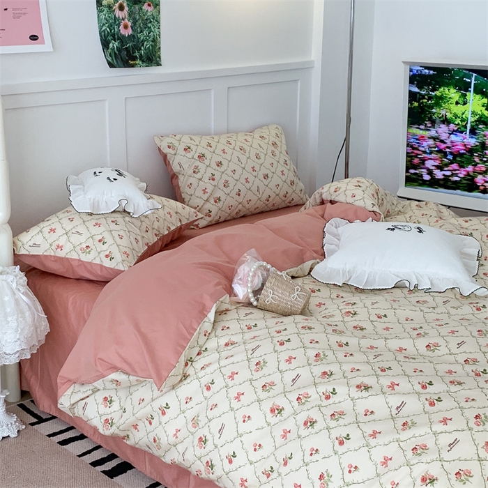 91家纺网 家纺一手货源 找家纺 昔可家纺 2023新款全棉四件套-甜美春日ok 菱格蝴蝶结玫瑰