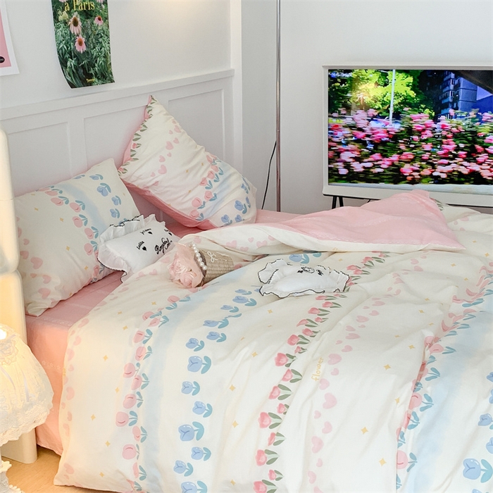 91家纺网 家纺一手货源 找家纺 昔可家纺 2023新款全棉四件套-甜美春日ok 排排郁金香