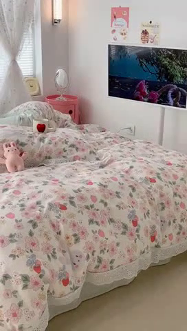 91家纺网 家纺一手货源 找家纺 昔可家纺 2023新款全棉四件套公主蕾丝花边ok 草莓小兔