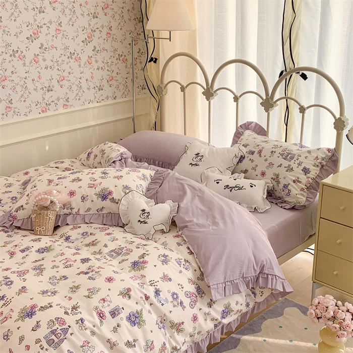 91家纺网 家纺一手货源 找家纺 昔可家纺 韩版对折褶皱花边全棉四件套ok 城堡鹿