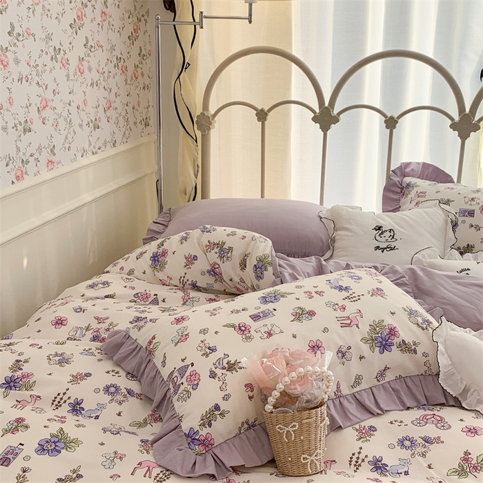 91家纺网 家纺一手货源 找家纺 昔可家纺 韩版对折褶皱花边全棉四件套ok 城堡鹿