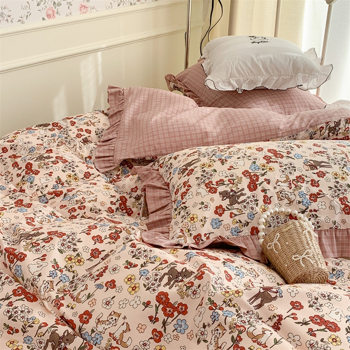 91家纺网 家纺一手货源 找家纺 昔可家纺 韩版对折褶皱花边全棉四件套ok 小花鹿