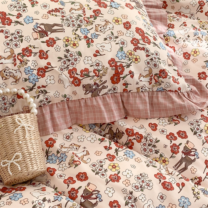 91家纺网 家纺一手货源 找家纺 昔可家纺 韩版对折褶皱花边全棉四件套ok 小花鹿