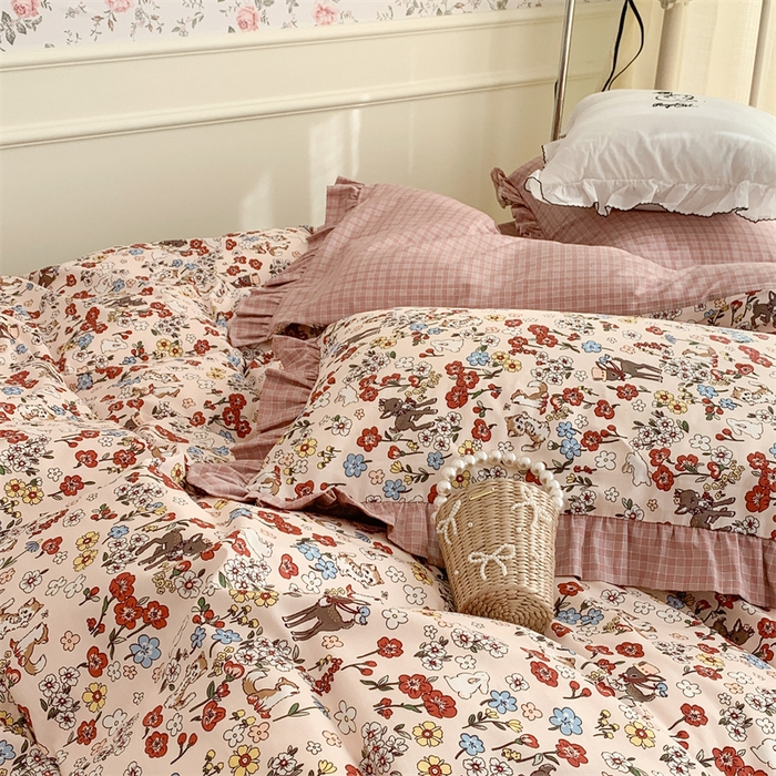 91家纺网 家纺一手货源 找家纺 昔可家纺 韩版对折褶皱花边全棉四件套ok 小花鹿