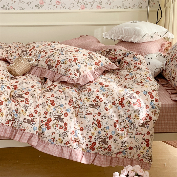 91家纺网 家纺一手货源 找家纺 昔可家纺 韩版对折褶皱花边全棉四件套ok 小花鹿