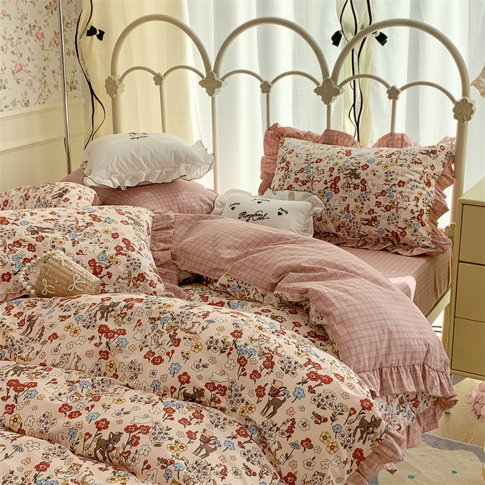 91家纺网 家纺一手货源 找家纺 昔可家纺 韩版对折褶皱花边全棉四件套ok 小花鹿