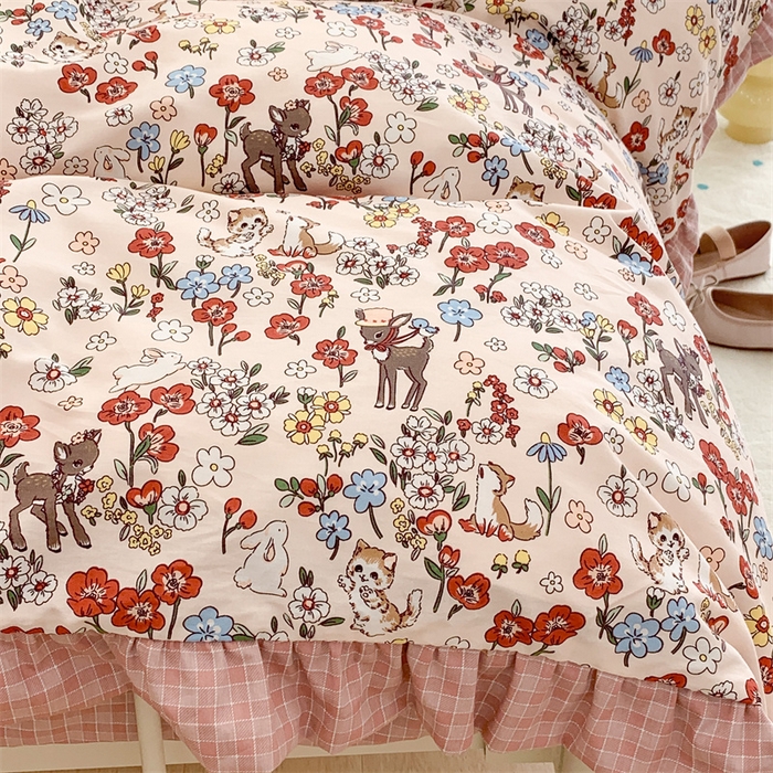 91家纺网 家纺一手货源 找家纺 昔可家纺 韩版对折褶皱花边全棉四件套ok 小花鹿