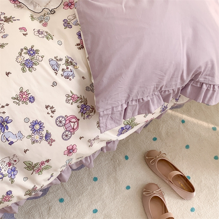 91家纺网 家纺一手货源 找家纺 昔可家纺 韩版对折褶皱花边全棉四件套ok 城堡鹿