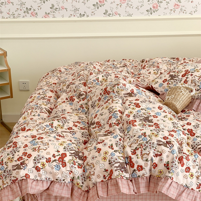 91家纺网 家纺一手货源 找家纺 昔可家纺 韩版对折褶皱花边全棉四件套ok 小花鹿