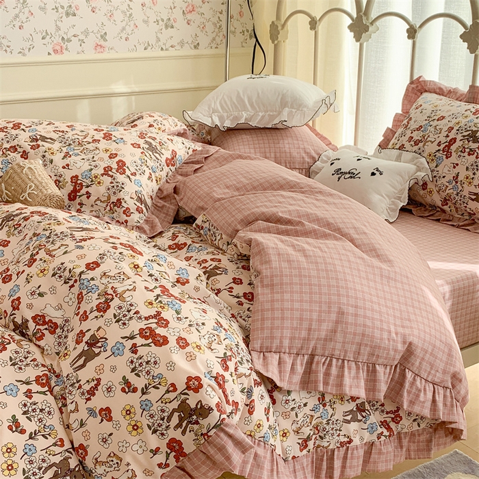 91家纺网 家纺一手货源 找家纺 昔可家纺 韩版对折褶皱花边全棉四件套ok 小花鹿