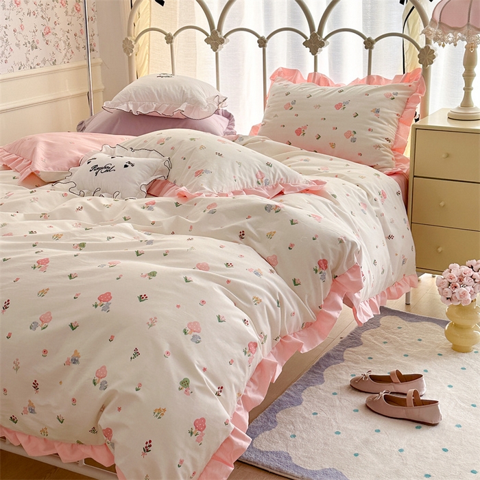 91家纺网 家纺一手货源 找家纺 昔可家纺 韩版对折褶皱花边全棉四件套ok 春日的小花花