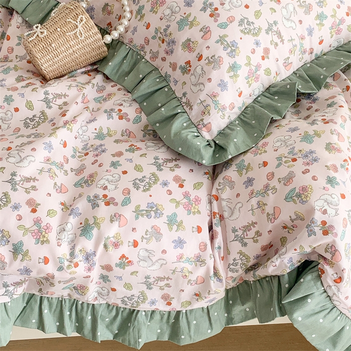 91家纺网 家纺一手货源 找家纺 昔可家纺 韩版对折褶皱花边全棉四件套ok 松鼠果园