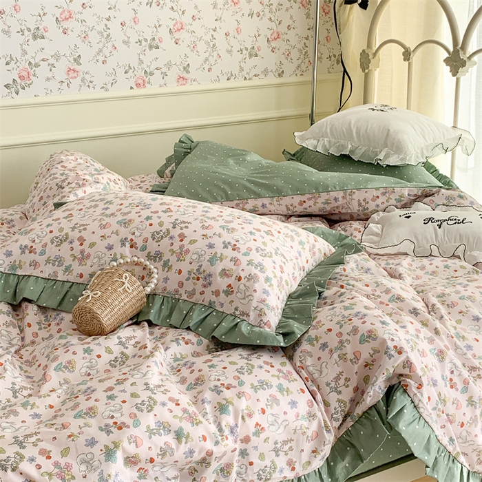 91家纺网 家纺一手货源 找家纺 昔可家纺 韩版对折褶皱花边全棉四件套ok 松鼠果园