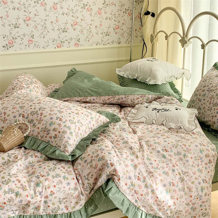 91家纺网 家纺一手货源 找家纺 昔可家纺 韩版对折褶皱花边全棉四件套ok 松鼠果园