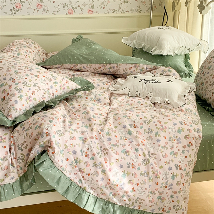 91家纺网 家纺一手货源 找家纺 昔可家纺 韩版对折褶皱花边全棉四件套ok 松鼠果园