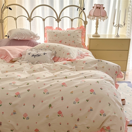 昔可家纺 韩版对折褶皱花边全棉四件套ok 春日的小花花