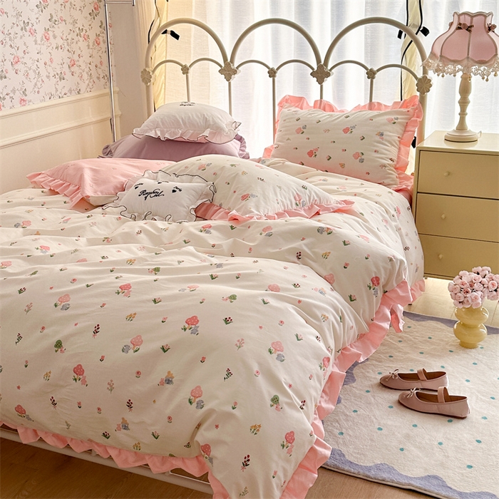 91家纺网 家纺一手货源 找家纺 昔可家纺 韩版对折褶皱花边全棉四件套ok 春日的小花花