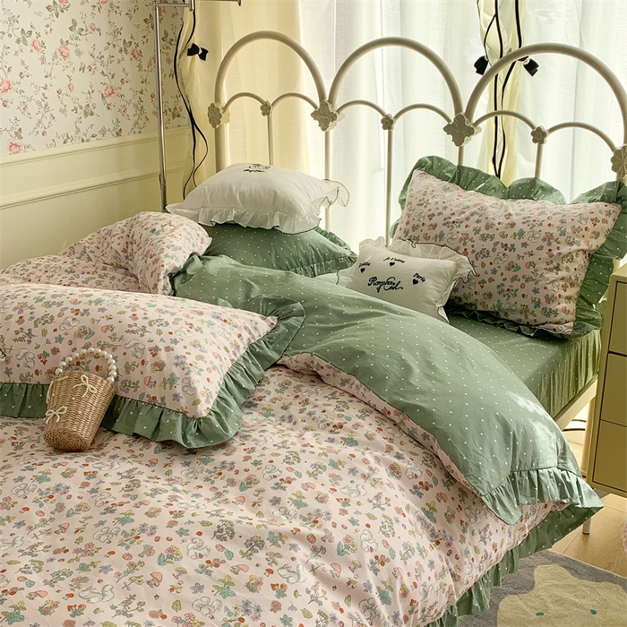 91家纺网 家纺一手货源 找家纺 昔可家纺 韩版对折褶皱花边全棉四件套ok 松鼠果园