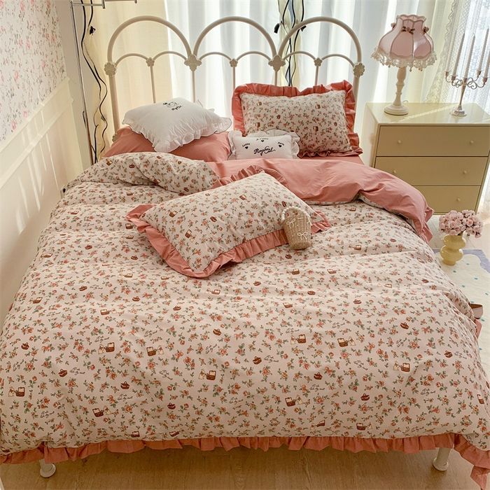 91家纺网 家纺一手货源 找家纺 昔可家纺 韩版对折褶皱花边全棉四件套ok 花蓝子兔兔